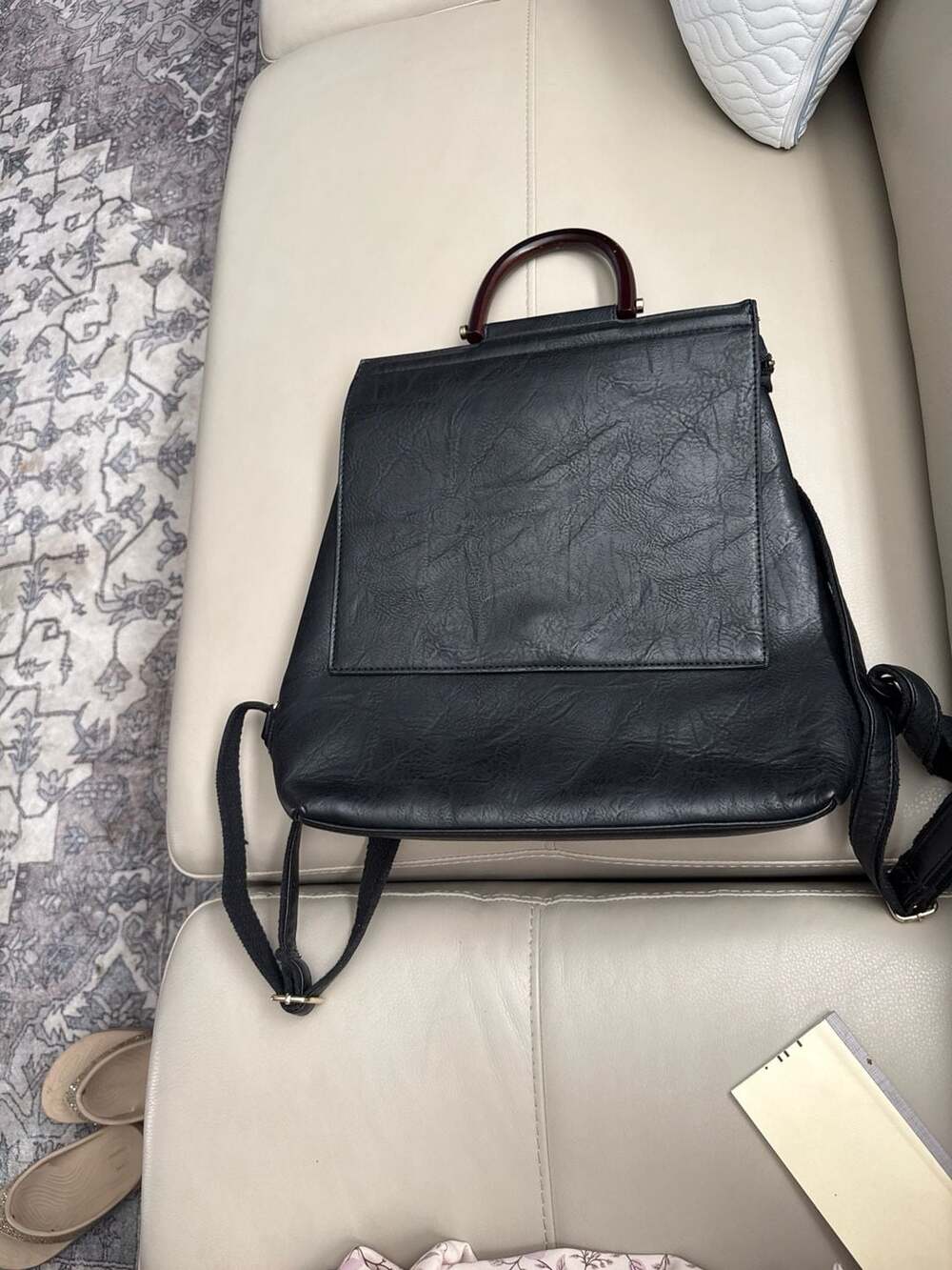 Leather, Wooden Top Handle Convertible Backpack /Bag